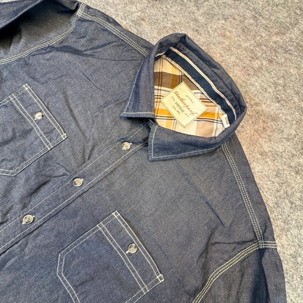 Weatherproof Vintage Mens XL Blue Chambray Button Down Shirt Contrast Stitching